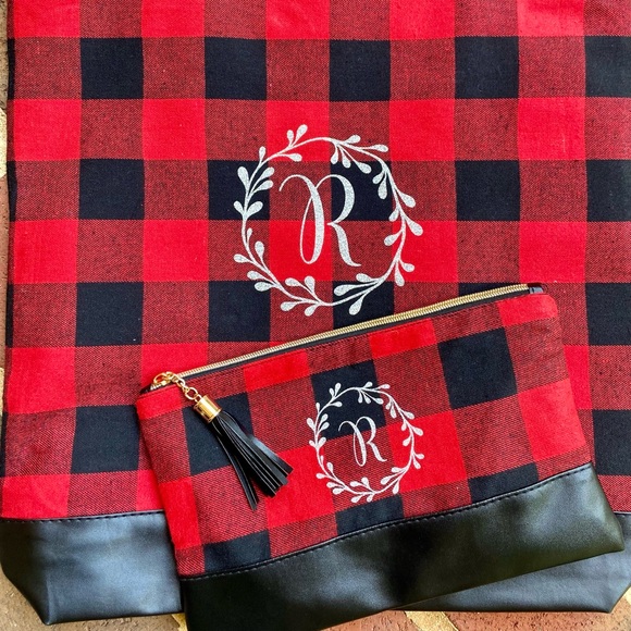 Monogram red and black check tote or purse & pouch - Picture 2 of 14